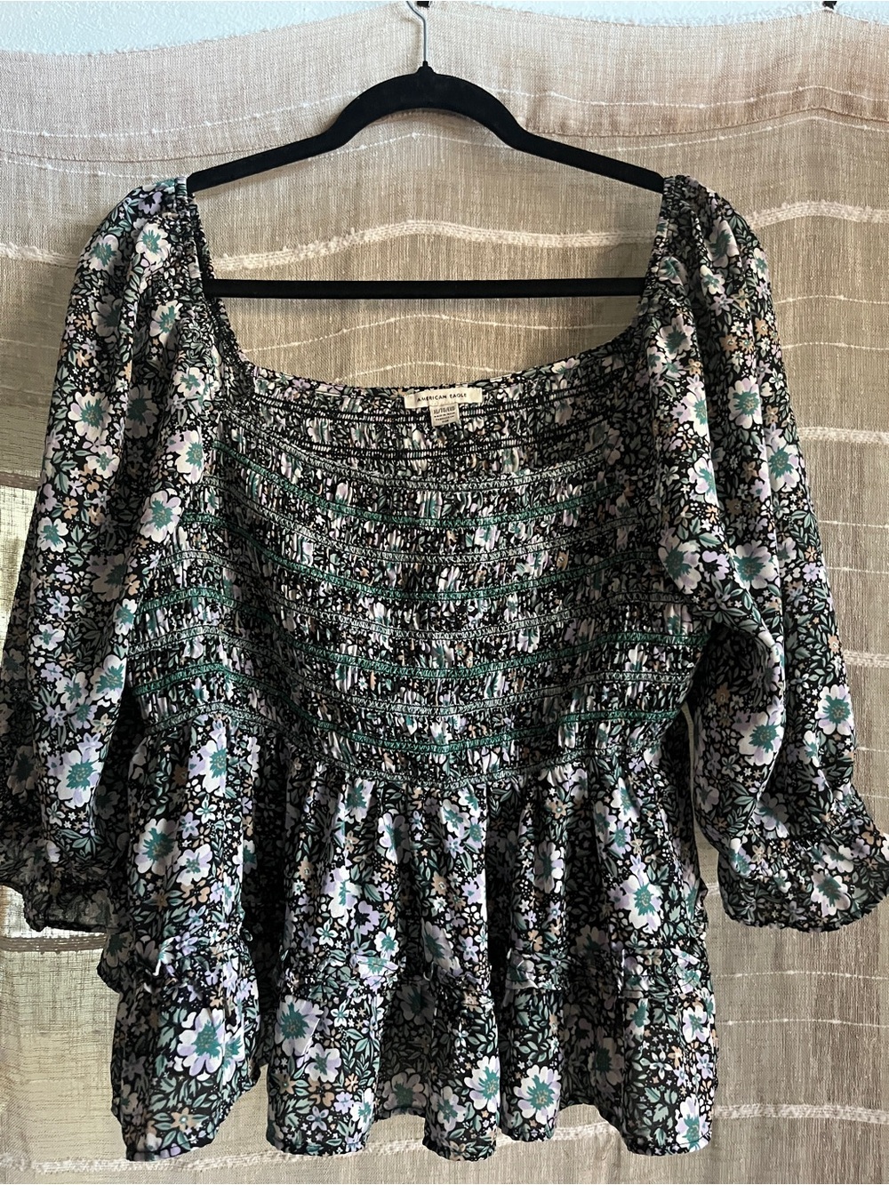 American Eagle Outfitters Black Floral Smocked Peplum Top with Green Accents
